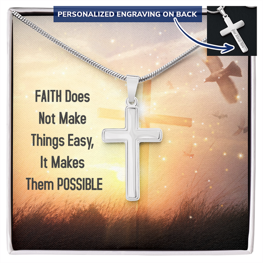 Personalized Cross Necklace With Engraving - Faith Does Not Make Things Easy - Baptism Gift, Easter Gift, Necklace Gift For Son, Daughter