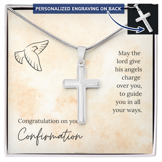 His Angels Charge Over You - Personalized Cross Necklace With Engraving - Baptism Gift, Gift For Easter, Birthday - Necklace Gift For Son, Daughter, Grandson