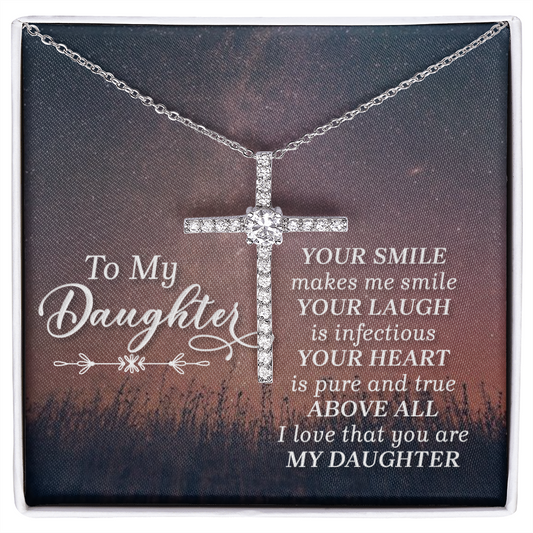 To My Daughter Necklace - Personalized Gift For Daughter - Christian Gift, Catholic Gift, Birthday Gift - Cubic Zirconia Cross Necklace