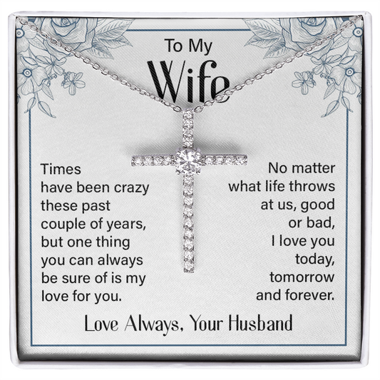 To My Wife Necklace - Sentimental Gift For Her - Birthday Gift For Wife - Anniversary Gift For Wife - Cubic Zirconia Cross Necklace