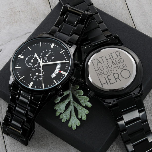 Father Husband Protector Hero - Engraved Black Chronograph Watch - Gift From Wife Son Daughter, Anniversary Gift, Gift For Father's Day, Christmas Gift