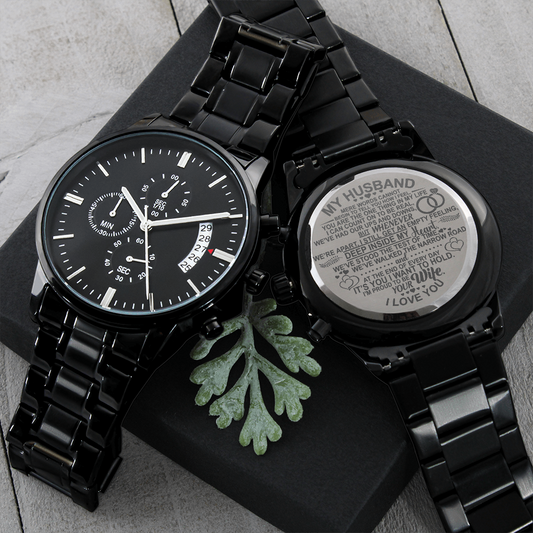 To My Husband - Engraved Black Chronograph Watch - Gift from Wife, Anniversary Gift, Gift for Father's Day, Husband