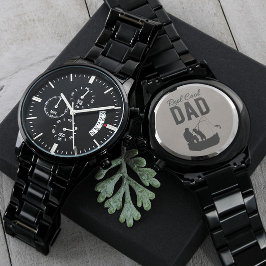 Reel Cool Fishing Dad - Engraved Black Chronograph Watch - Gift From Son Daughter, Anniversary Gift, Gift For Father's Day, Birthday Gift