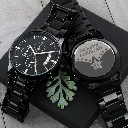 Proudly American - Engraved Black Chronograph Watch - Gift From Wife, Anniversary Gift, Birthday Gift, Gift For Boyfriend