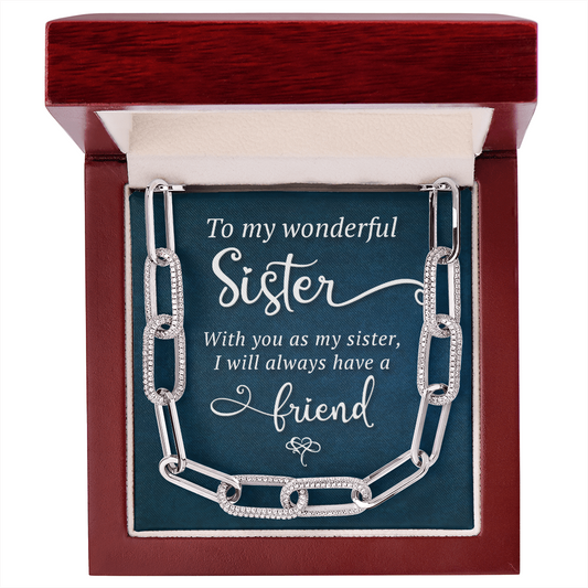 To My Wonderful Sister Necklace - Sentimental Gift For Sister - Birthday Gift For Sister - Sister Jewelry - Forever Linked Silver & Gold CZ Chain Necklace